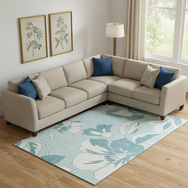 HomeRoots 8' X 10' Teal Floral Area Rug - Washable, UV Protected, Stain-Resistant Design for High-Traffic Areas 668021