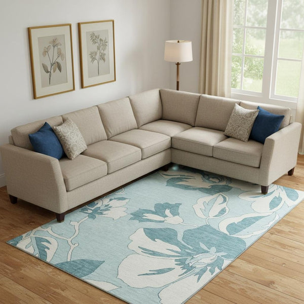 HomeRoots 9' X 12' Stylish Teal and Ivory Floral Area Rug - Washable, UV-Resistant for Busy Homes & Families 668022