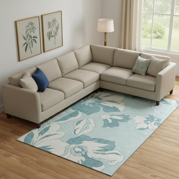 HomeRoots 10' X 14' Teal and Ivory Floral Area Rug - Durable, Stain-Resistant with UV Protection for Homes 668023