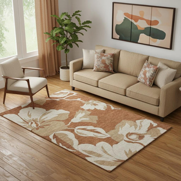 HomeRoots 5' X 8' Terra Cotta and Beige Washable Floral Area Rug with UV Protection for Everyday Living Decor 668025
