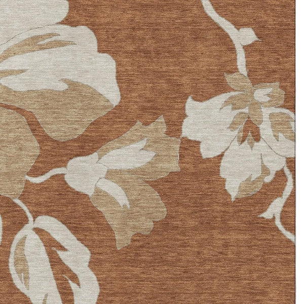 HomeRoots 5' X 8' Terra Cotta and Beige Washable Floral Area Rug with UV Protection for Everyday Living Decor 668025