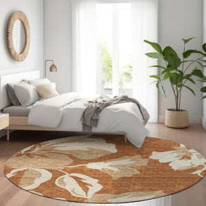 HomeRoots 8' Terra Cotta & Beige Floral Washable Round Rug - Durable, UV-Protected, Kid & Pet Friendly Decor 668026