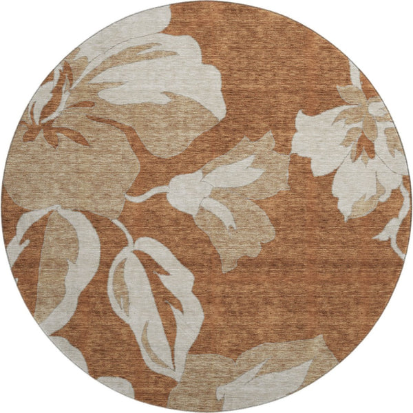HomeRoots 8' Terra Cotta & Beige Floral Washable Round Rug - Durable, UV-Protected, Kid & Pet Friendly Decor 668026