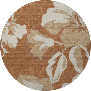 HomeRoots 8' Terra Cotta & Beige Floral Washable Round Rug - Durable, UV-Protected, Kid & Pet Friendly Decor 668026