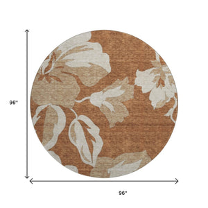 HomeRoots 8' Terra Cotta & Beige Floral Washable Round Rug - Durable, UV-Protected, Kid & Pet Friendly Decor 668026