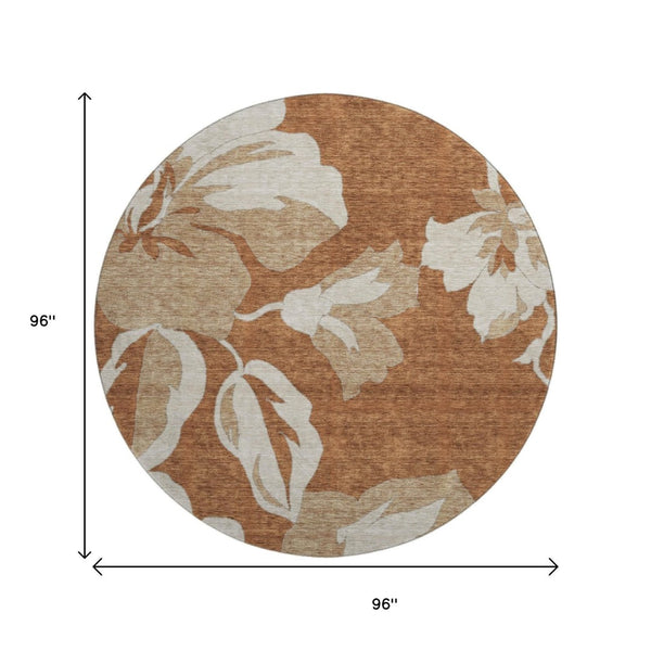 HomeRoots 8' Terra Cotta & Beige Floral Washable Round Rug - Durable, UV-Protected, Kid & Pet Friendly Decor 668026