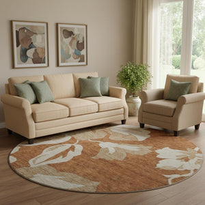 HomeRoots 8' Terra Cotta & Beige Floral Washable Round Rug - Durable, UV-Protected, Kid & Pet Friendly Decor 668026