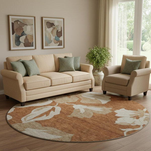 HomeRoots 8' Terra Cotta & Beige Floral Washable Round Rug - Durable, UV-Protected, Kid & Pet Friendly Decor 668026