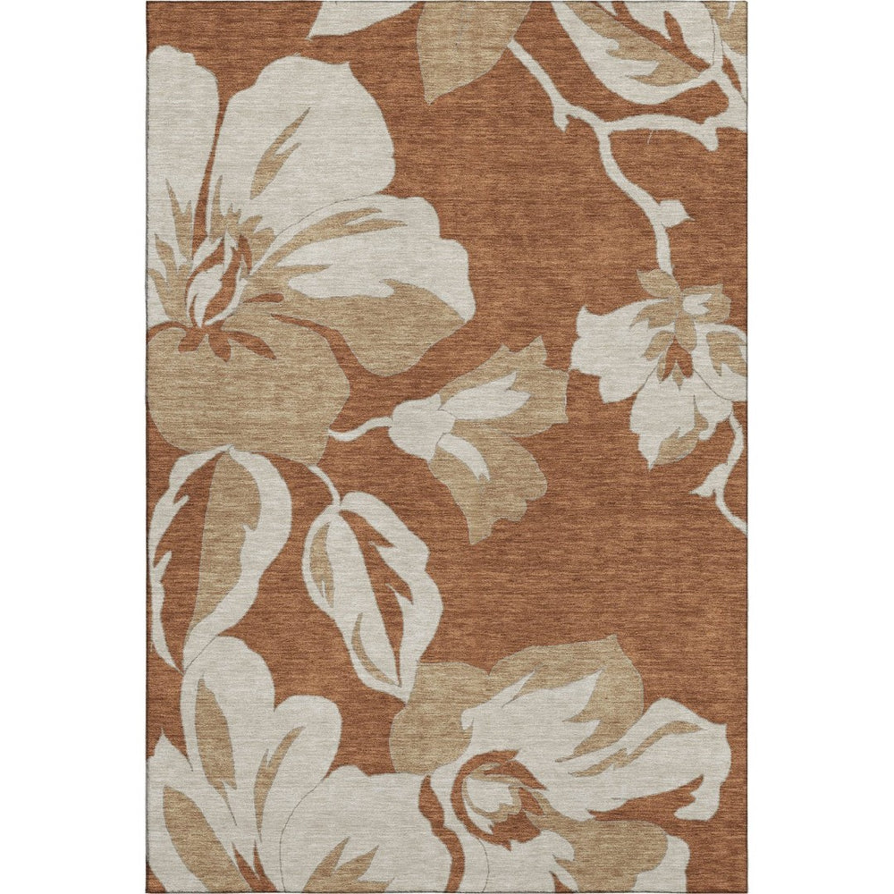 HomeRoots 8' X 10' Elegant Floral Washable Area Rug in Terra Cotta & Beige – Durable, UV Protected, Stain Resistant 668027