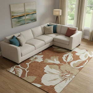 HomeRoots 9' X 12' Terra Cotta Floral Area Rug - Washable, UV-Protected, Stain-Resistant, Perfect for Homes 668028
