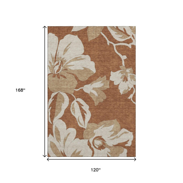 HomeRoots 10' X 14' Elegant Terra Cotta Floral Area Rug - Washable, Stain Resistant, UV Protected Design for Homes 668029