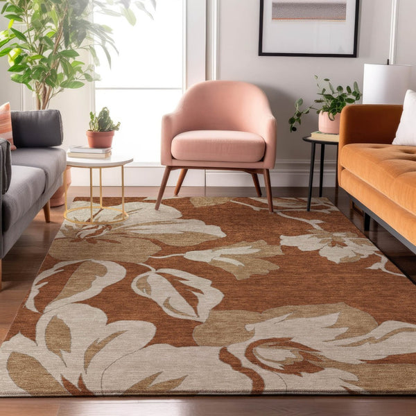 HomeRoots 10' X 14' Elegant Terra Cotta Floral Area Rug - Washable, Stain Resistant, UV Protected Design for Homes 668029