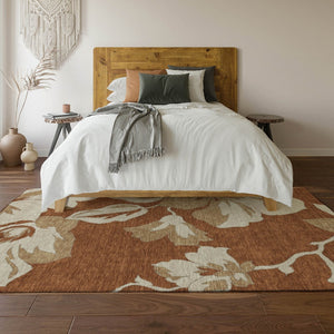 HomeRoots 10' X 14' Elegant Terra Cotta Floral Area Rug - Washable, Stain Resistant, UV Protected Design for Homes 668029