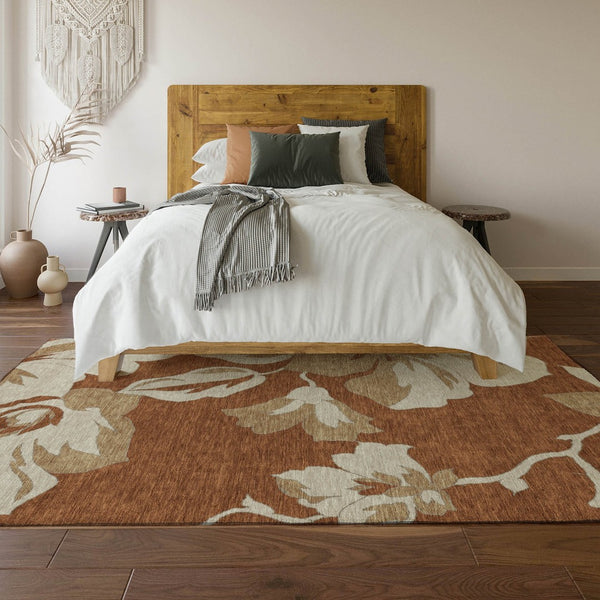 HomeRoots 10' X 14' Elegant Terra Cotta Floral Area Rug - Washable, Stain Resistant, UV Protected Design for Homes 668029