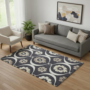 HomeRoots 5' X 8' Black And Ivory Medallion Area Rug – Stylish, Washable, UV Protected for Easy Care & Durability 668031