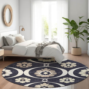 HomeRoots 8' Black And Ivory Medallion Round Rug - Washable, UV-Protected, Durable Design for Stylish Homes 668032