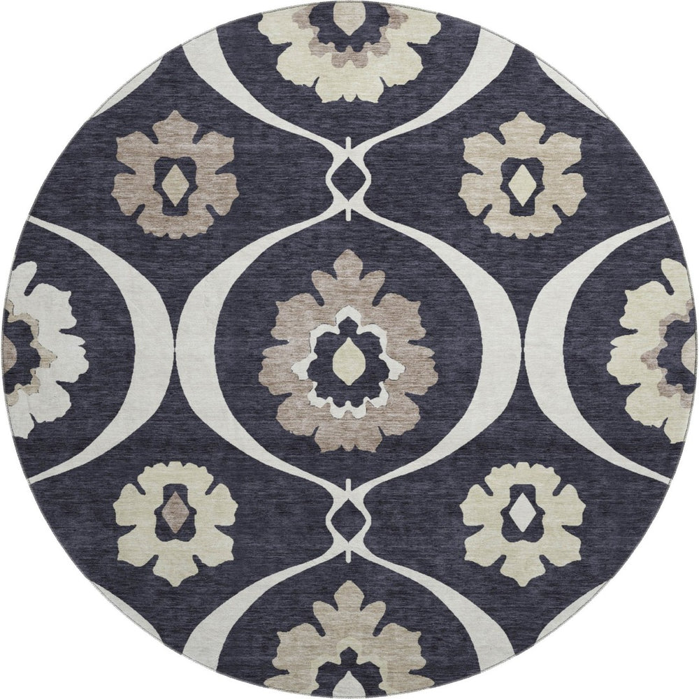 HomeRoots 8' Black And Ivory Medallion Round Rug - Washable, UV-Protected, Durable Design for Stylish Homes 668032