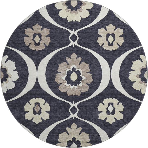 HomeRoots 8' Black And Ivory Medallion Round Rug - Washable, UV-Protected, Durable Design for Stylish Homes 668032