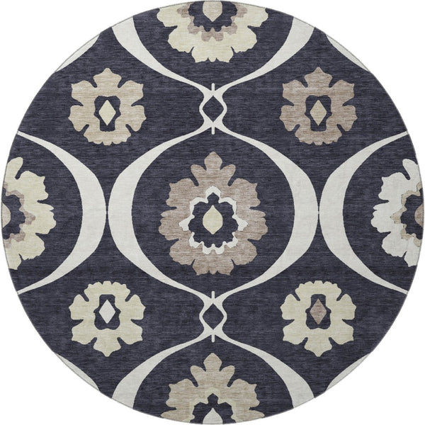 HomeRoots 8' Black And Ivory Medallion Round Rug - Washable, UV-Protected, Durable Design for Stylish Homes 668032