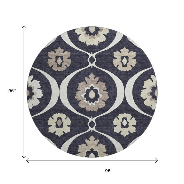 HomeRoots 8' Black And Ivory Medallion Round Rug - Washable, UV-Protected, Durable Design for Stylish Homes 668032