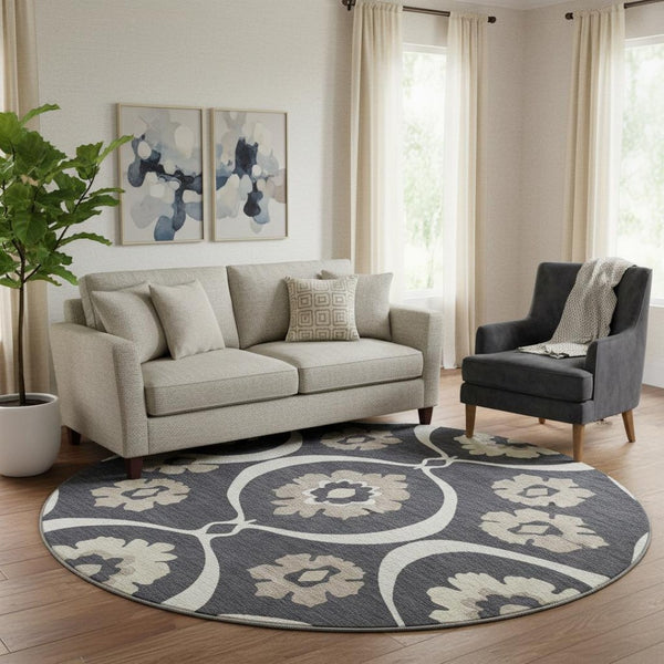 HomeRoots 8' Black And Ivory Medallion Round Rug - Washable, UV-Protected, Durable Design for Stylish Homes 668032