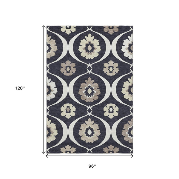 HomeRoots 8' X 10' Black and Ivory Medallion Area Rug – Washable, Stain-Resistant, with UV Protection for Durability 668033