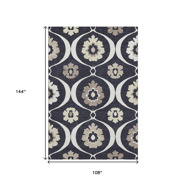 HomeRoots 9' X 12' Black And Ivory Medallion Area Rug – Washable, UV-Protected, Stylish for High-Traffic Spaces 668034
