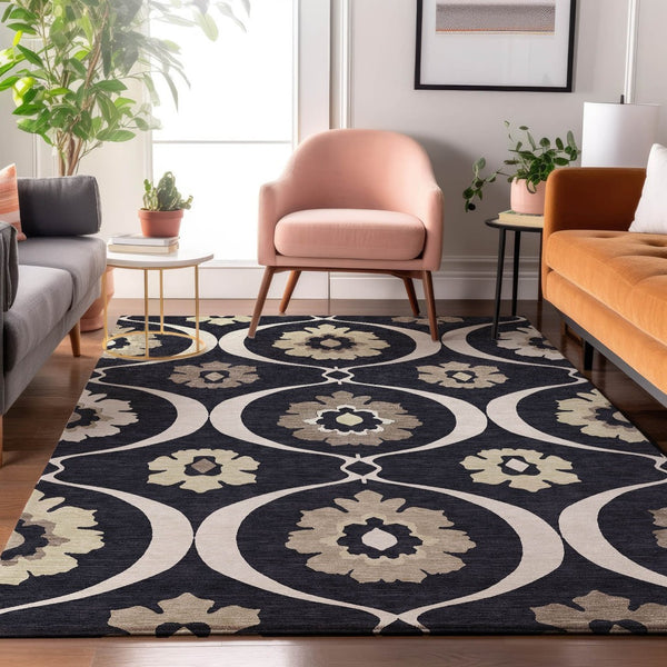 HomeRoots 9' X 12' Black And Ivory Medallion Area Rug – Washable, UV-Protected, Stylish for High-Traffic Spaces 668034