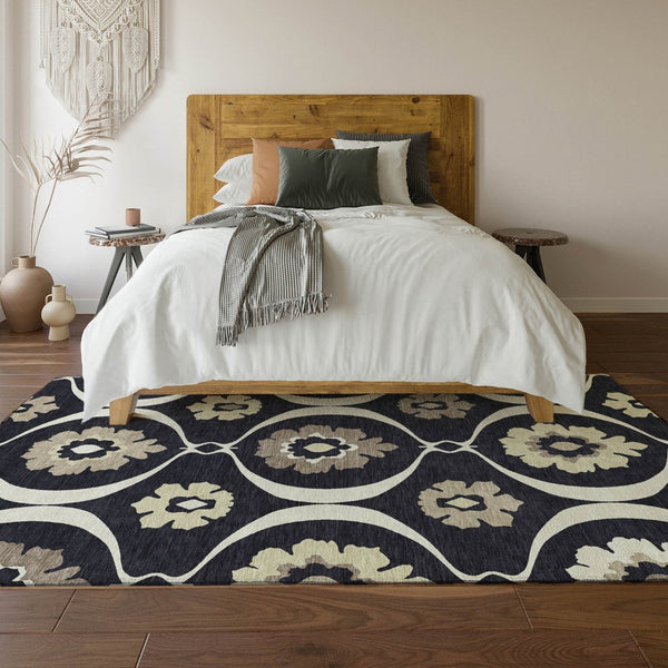 HomeRoots 9' X 12' Black And Ivory Medallion Area Rug – Washable, UV-Protected, Stylish for High-Traffic Spaces 668034