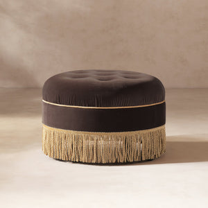 English Elm Jennifer Taylor Home - Yolanda Round 24" Upholstered Accent Ottoman in Performance Velvet with Tassel Fringe, Durable Build Brown B2719P358854