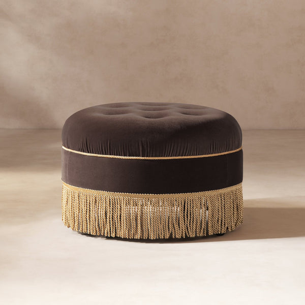 English Elm Jennifer Taylor Home - Yolanda Round 24" Upholstered Accent Ottoman in Performance Velvet with Tassel Fringe, Durable Build Brown B2719P358854