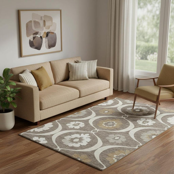 HomeRoots 5' X 8' Elegant Brown Beige Ivory Medallion Area Rug - Washable, UV Protected, Durable & Stylish! 668037