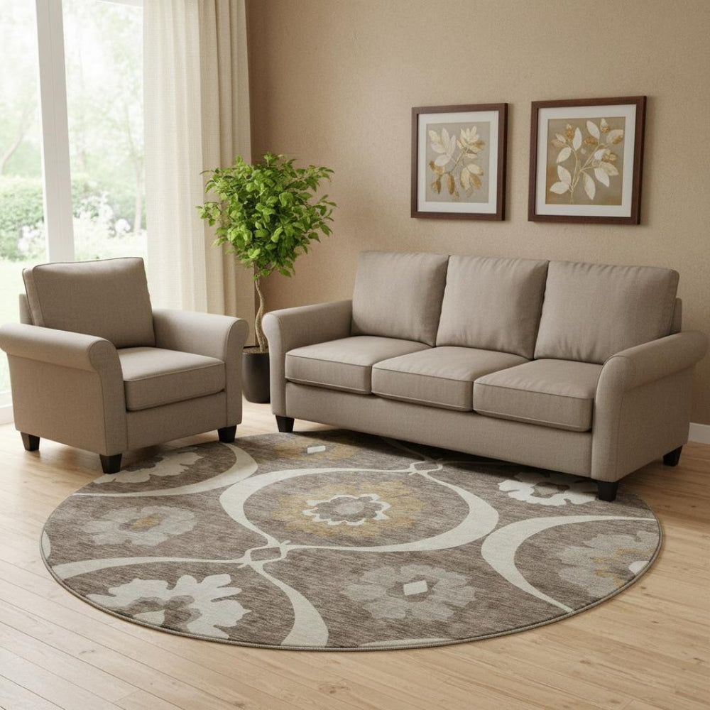 HomeRoots 8' Brown Beige and Ivory Medallion Round Rug - Washable, UV Resistant, Perfect for High-Traffic Areas 668038