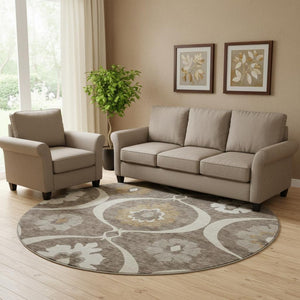 HomeRoots 8' Brown Beige and Ivory Medallion Round Rug - Washable, UV Resistant, Perfect for High-Traffic Areas 668038