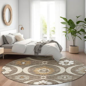 HomeRoots 8' Brown Beige and Ivory Medallion Round Rug - Washable, UV Resistant, Perfect for High-Traffic Areas 668038