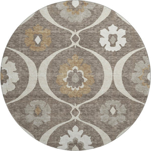 HomeRoots 8' Brown Beige and Ivory Medallion Round Rug - Washable, UV Resistant, Perfect for High-Traffic Areas 668038