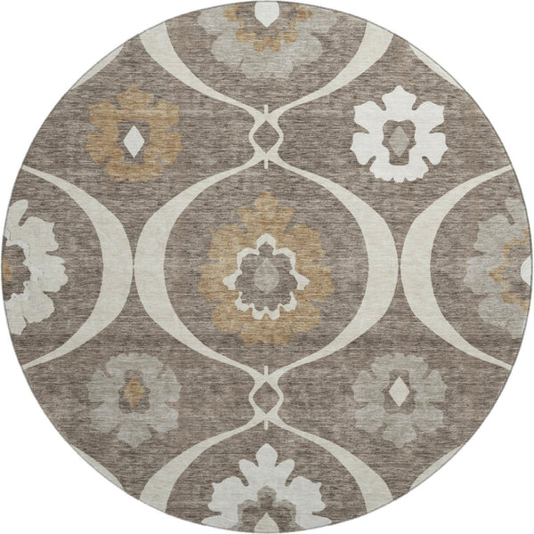 HomeRoots 8' Brown Beige and Ivory Medallion Round Rug - Washable, UV Resistant, Perfect for High-Traffic Areas 668038