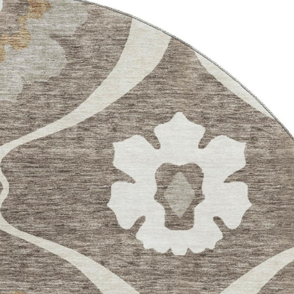HomeRoots 8' Brown Beige and Ivory Medallion Round Rug - Washable, UV Resistant, Perfect for High-Traffic Areas 668038