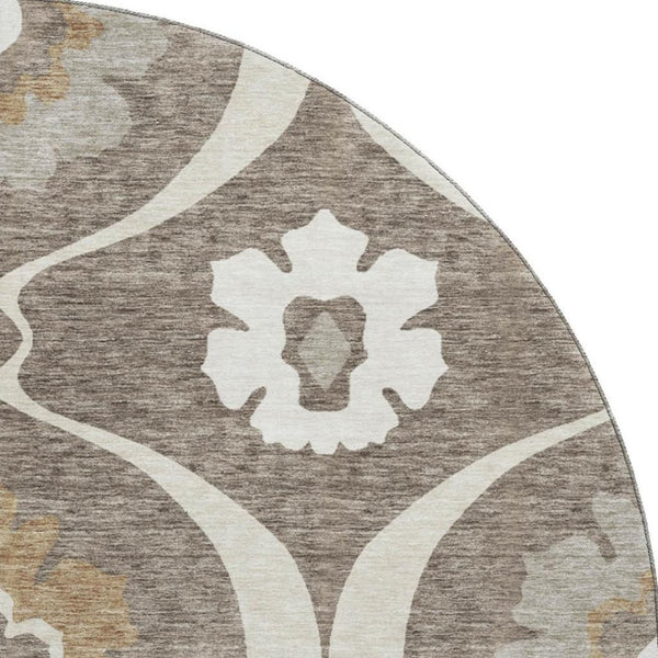 HomeRoots 8' Brown Beige and Ivory Medallion Round Rug - Washable, UV Resistant, Perfect for High-Traffic Areas 668038