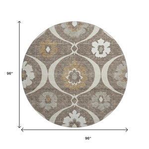 HomeRoots 8' Brown Beige and Ivory Medallion Round Rug - Washable, UV Resistant, Perfect for High-Traffic Areas 668038