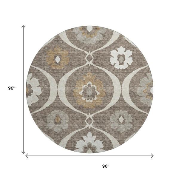 HomeRoots 8' Brown Beige and Ivory Medallion Round Rug - Washable, UV Resistant, Perfect for High-Traffic Areas 668038