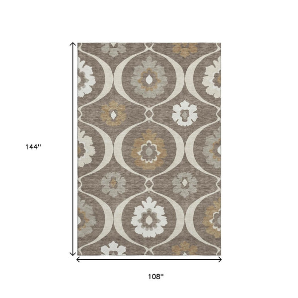 HomeRoots 9' X 12' Elegant Brown Beige Ivory Medallion Area Rug - Washable, UV Protected, Non-Slip Design 668040
