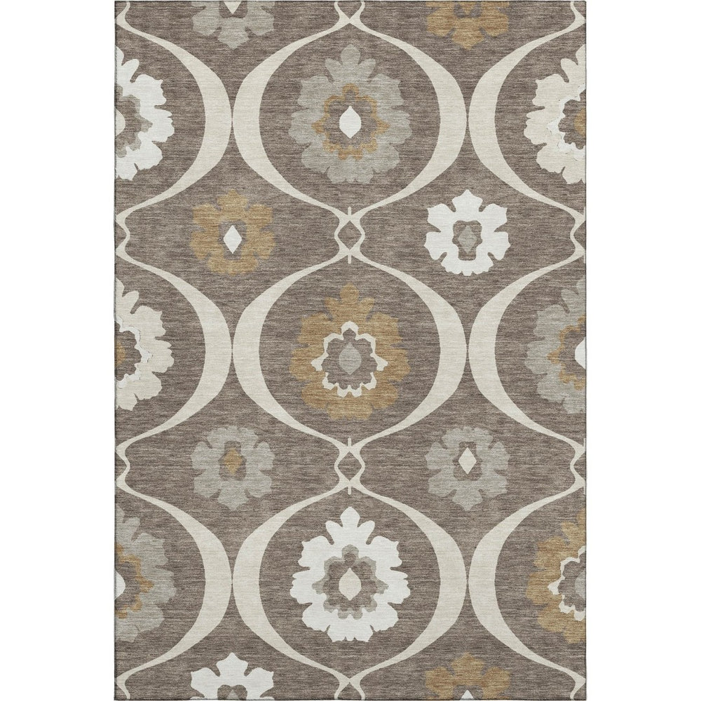 HomeRoots 9' X 12' Elegant Brown Beige Ivory Medallion Area Rug - Washable, UV Protected, Non-Slip Design 668040