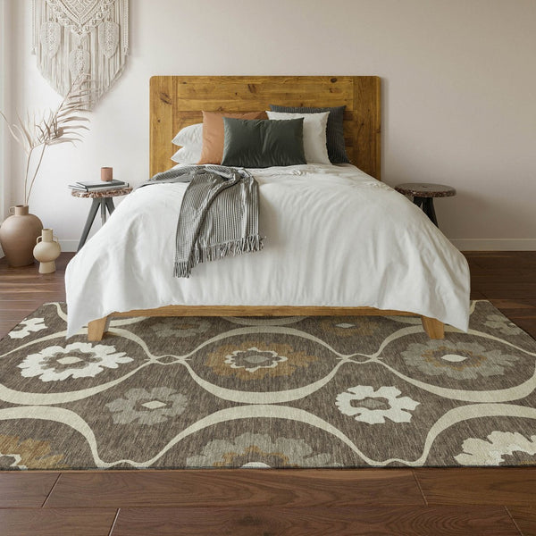 HomeRoots 9' X 12' Elegant Brown Beige Ivory Medallion Area Rug - Washable, UV Protected, Non-Slip Design 668040
