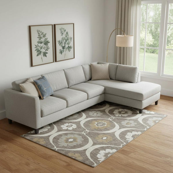 HomeRoots 10' Washable Medallion Area Rug in Brown Beige Ivory - UV Protected, Stain Resistant, Durable Design 668041