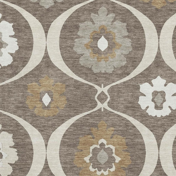 HomeRoots 10' Washable Medallion Area Rug in Brown Beige Ivory - UV Protected, Stain Resistant, Durable Design 668041