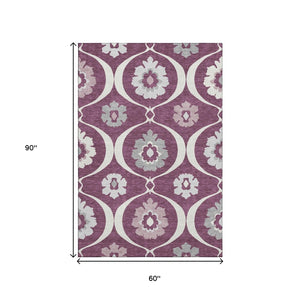 HomeRoots 5' X 8' Elegant Eggplant & Ivory Medallion Area Rug – Washable, UV Protected & Pet-Friendly Design! 668043