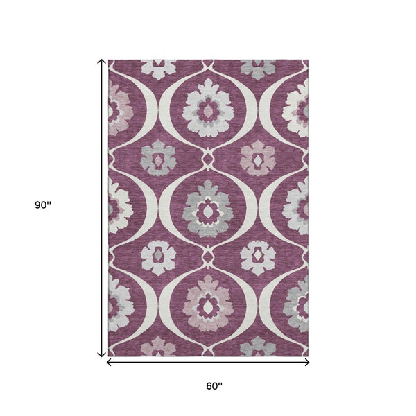 HomeRoots 5' X 8' Elegant Eggplant & Ivory Medallion Area Rug – Washable, UV Protected & Pet-Friendly Design! 668043