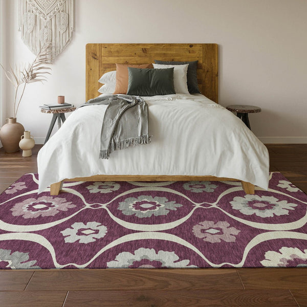 HomeRoots 5' X 8' Elegant Eggplant & Ivory Medallion Area Rug – Washable, UV Protected & Pet-Friendly Design! 668043