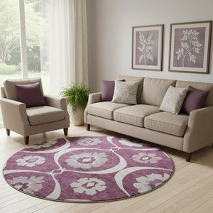 HomeRoots 8' Eggplant Medallion Round Rug - Washable, UV Protected, Durable & Stylish for Every Room 668044